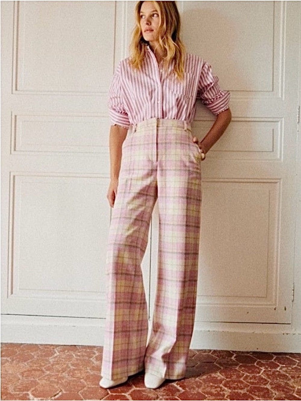 Sézane High-Rise Wide Leg Plaid Pants - Pink